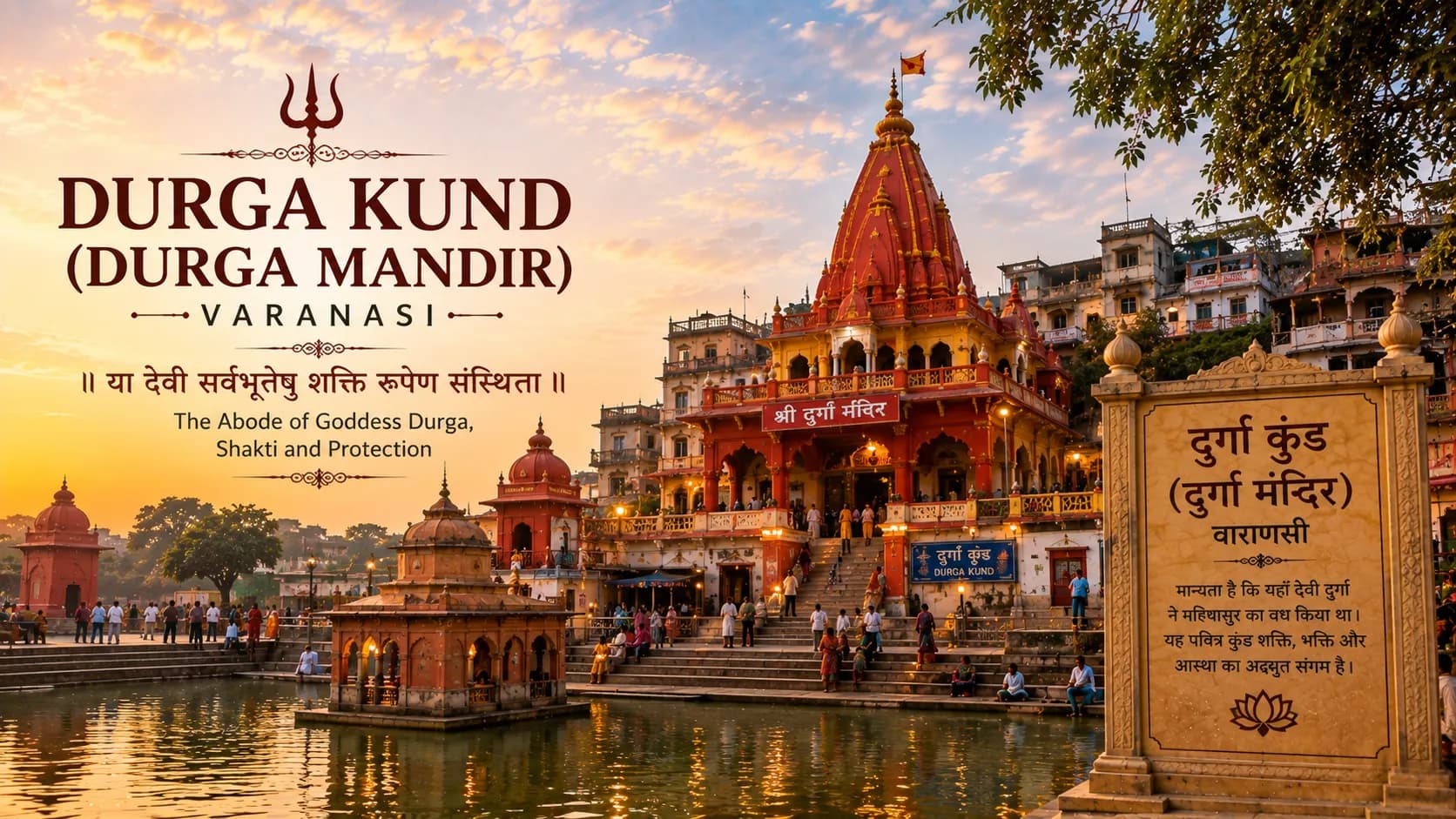 Durga Kund Temple Varanasi - Red ochre shikhara of Durga Mandir with the Durga Kund tank